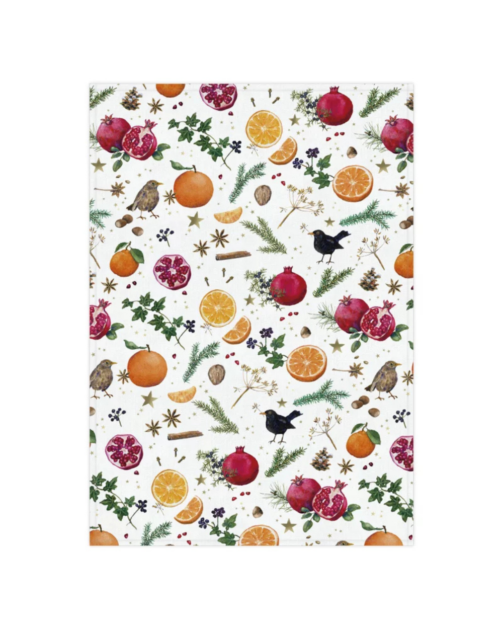 Geschirrtuch Weihnachtsduft vom Grätz Verlag vor weißem Hintergrund, Motiv von Daniela Drescher, dekoriert mit winterlichen Früchten, Gewürzen und Vögeln auf weißem Tuch.