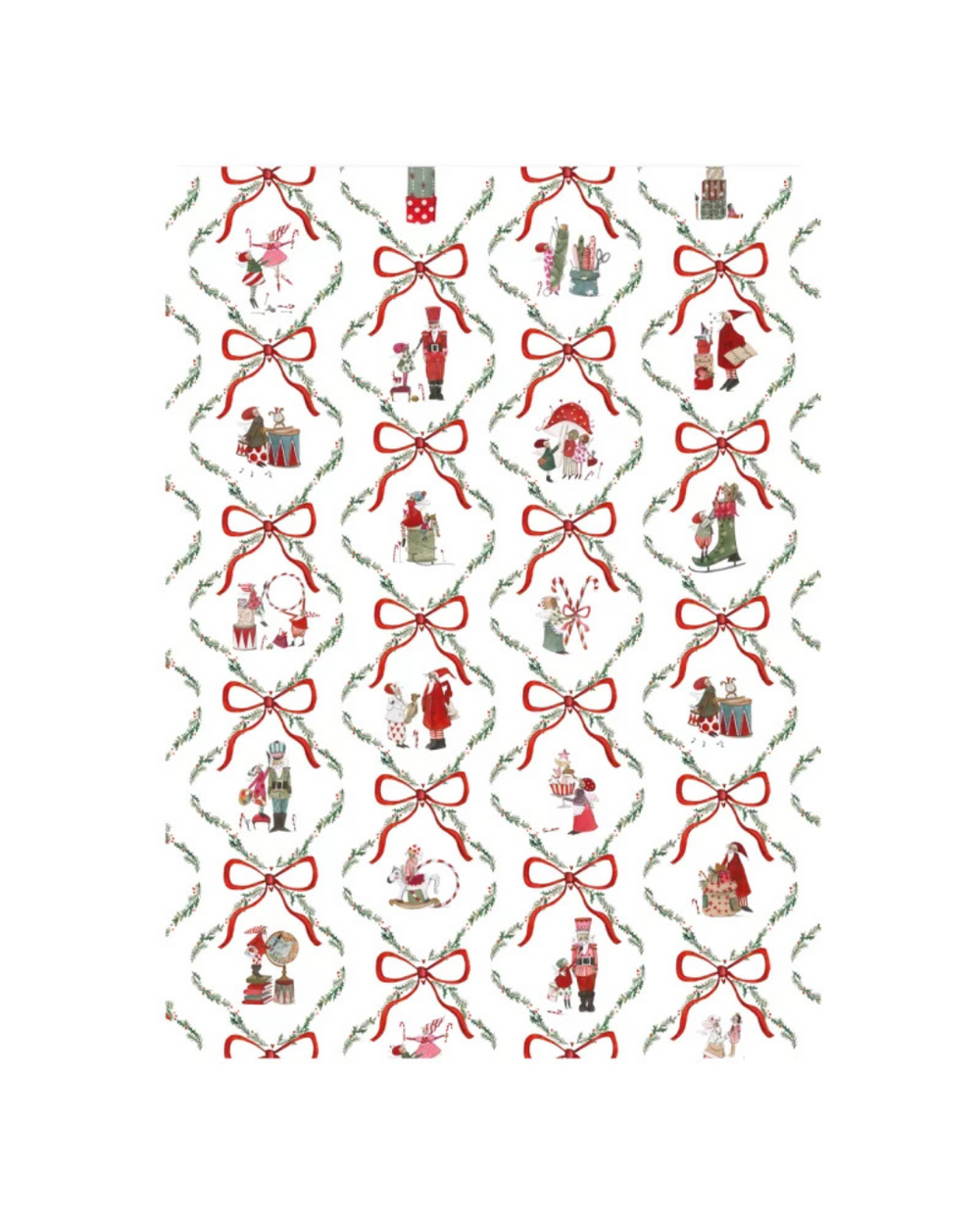 Weihnachtsgeschirrtuch vom Grätz Verlag aus Baumwolle vor weißem Hintergrund, Motiv Weihnachtswerkstatt von Silke Leffler mit Wichteln, Nussknacker und Geschenken in festlichem Design.