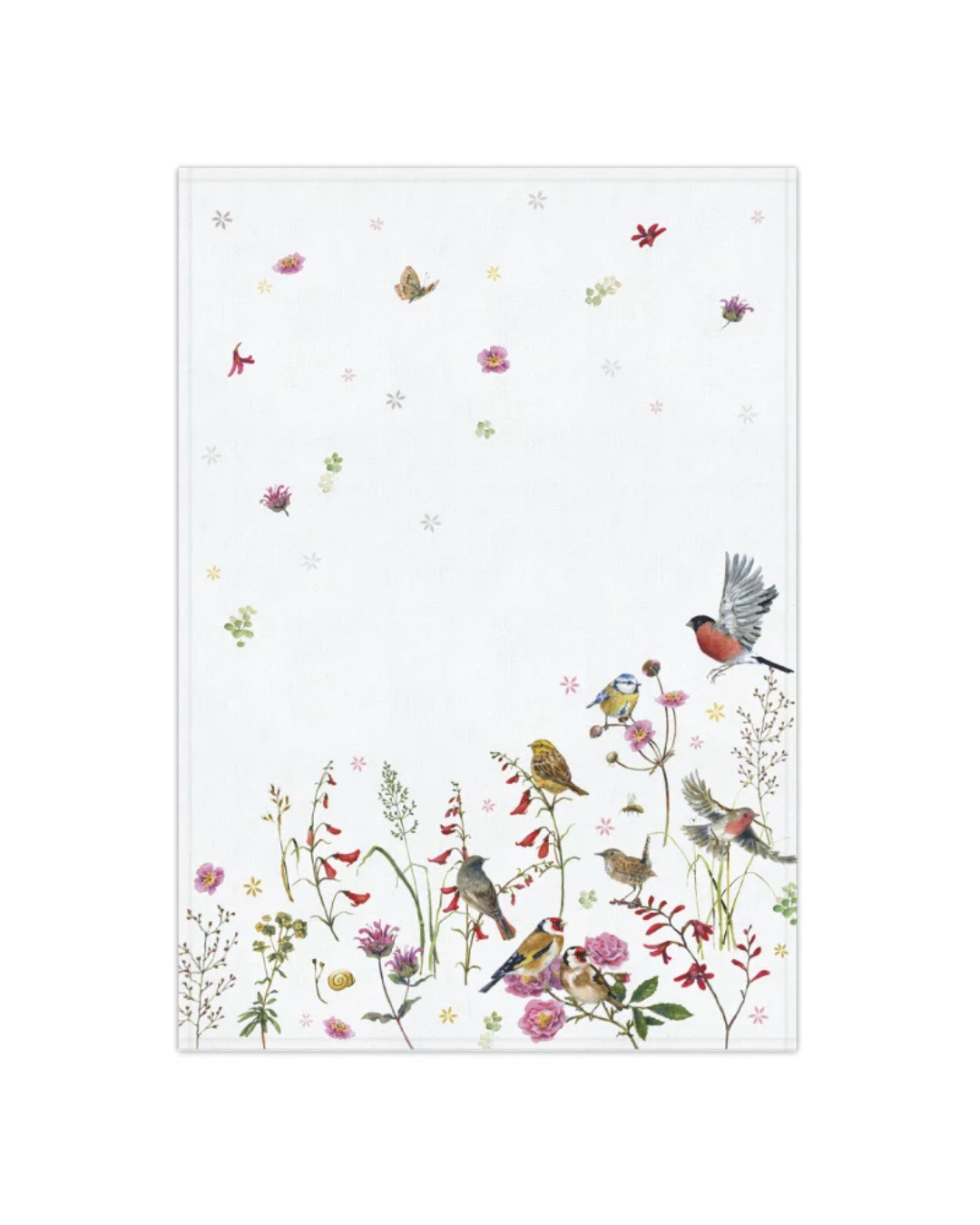 Geschirrtuch Zeit für Harmonie vom Grätz Verlag – Illustration von Daniela Drescher mit bunten Blumen, Schmetterlingen und Vögeln auf weißem Hintergrund.