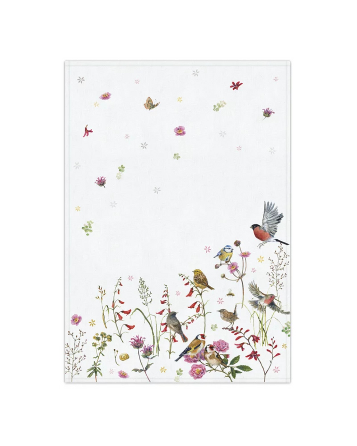 Geschirrtuch Zeit für Harmonie vom Grätz Verlag – Illustration von Daniela Drescher mit bunten Blumen, Schmetterlingen und Vögeln auf weißem Hintergrund.