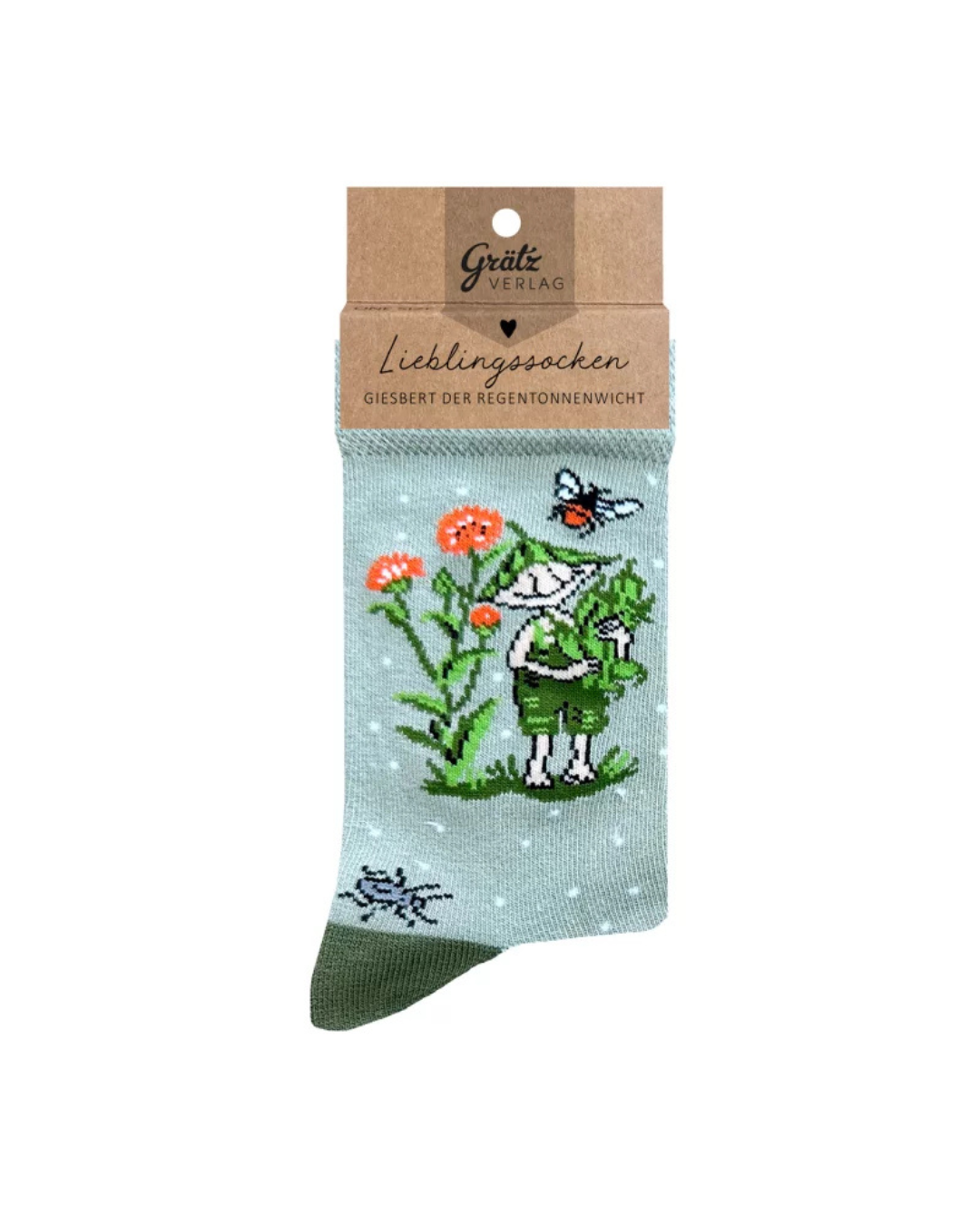 Lieblingssocken für Kinder mit dem Giesbert der Regentonnenwichtel Motiv vom Grätz Verlag vor weißem Hintergrund.