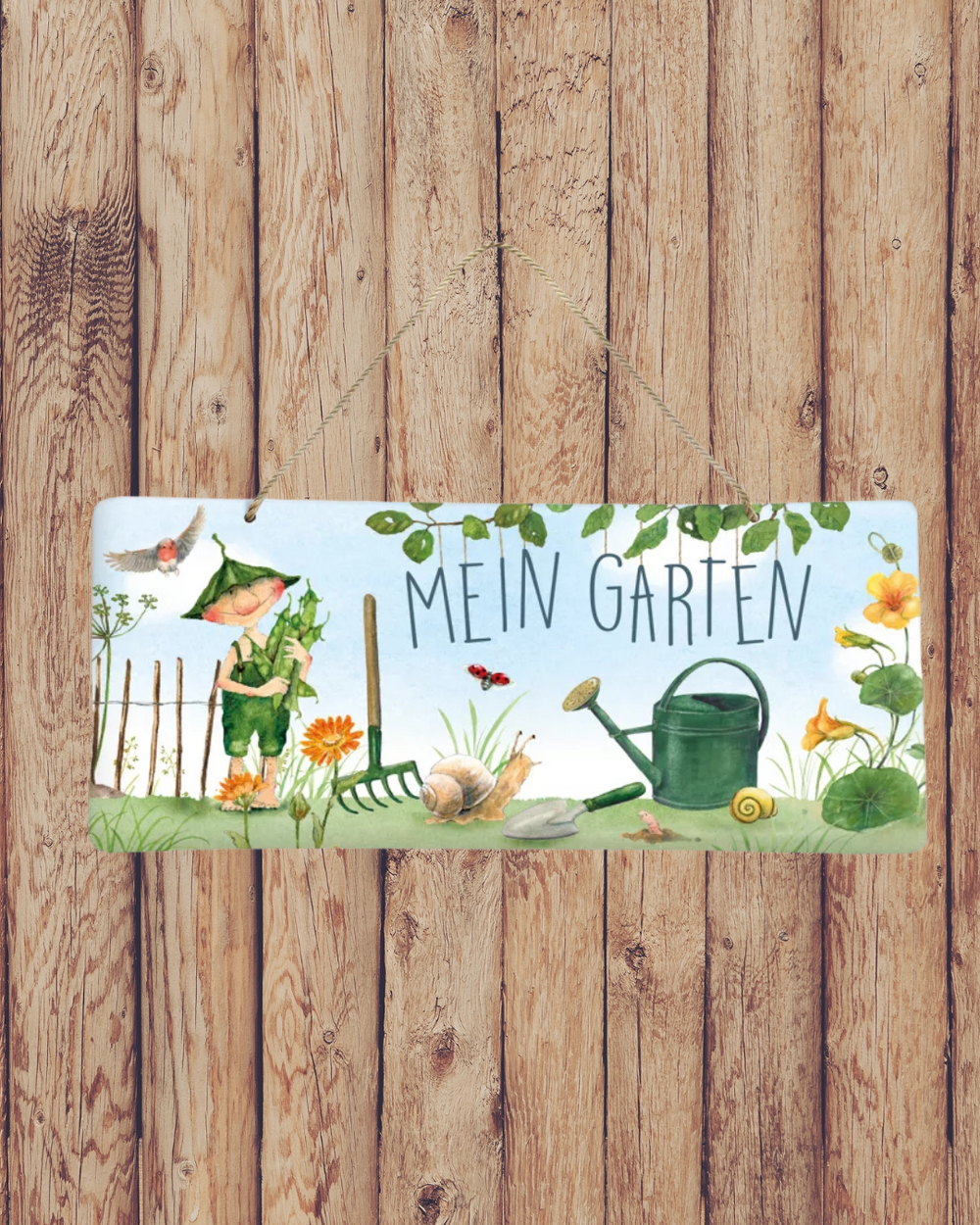 Dekoratives Giesbert-Metallschild vom Grätz Verlag mit der Aufschrift Mein Garten, liebevoll illustriert von Daniela Drescher.