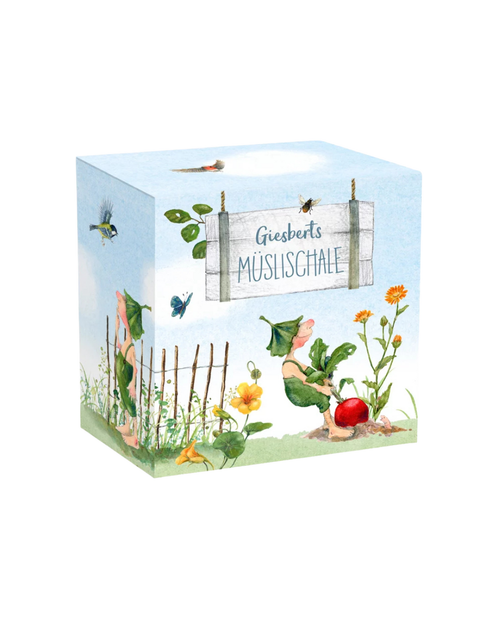 Geschenkverpackung der Giesbert Müslischale vom Grätz Verlag mit liebevollen Naturmotiven von Daniela Drescher.