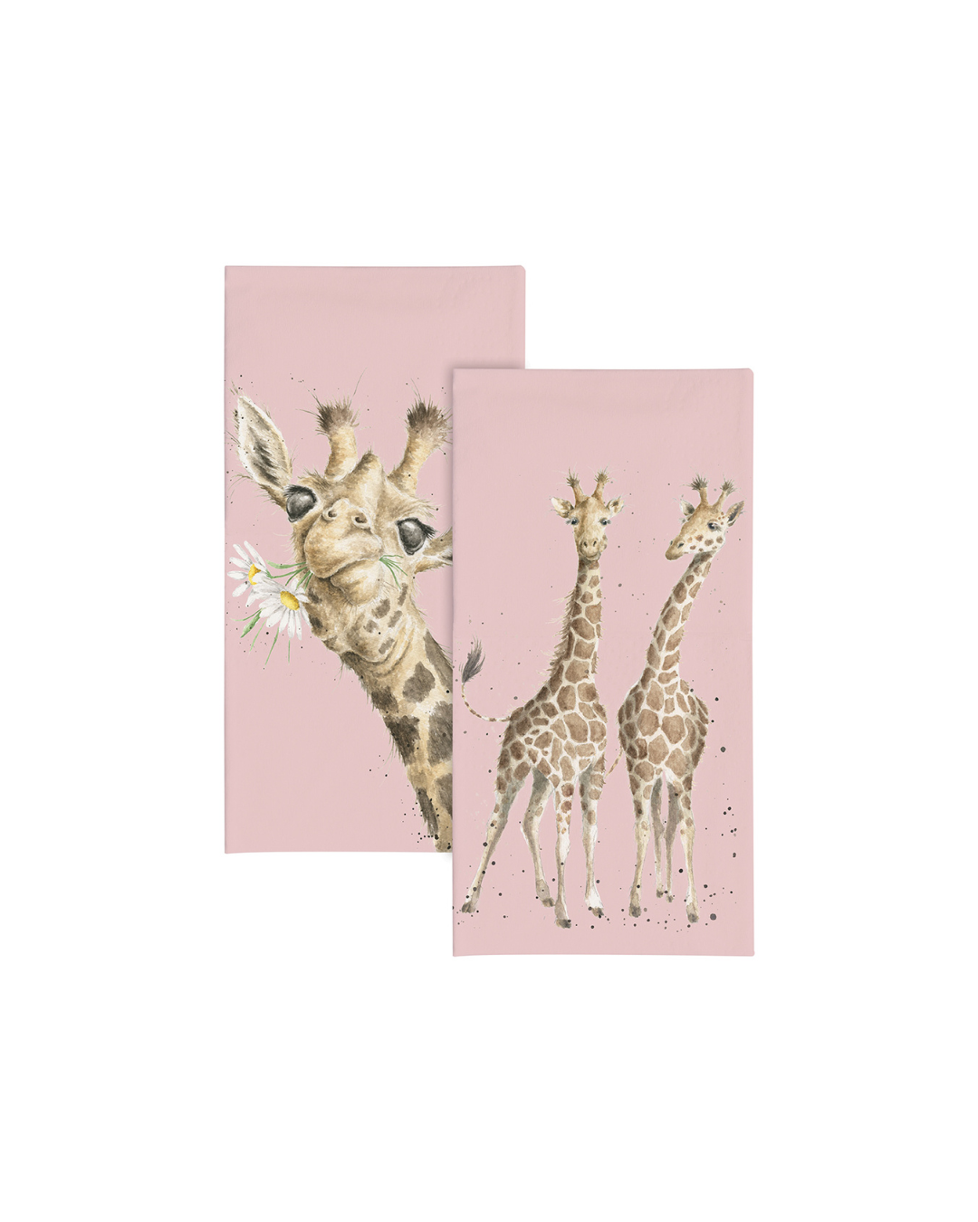 Giraffen Taschentücher von Wrendale Designs mit Giraffe und Margerite auf der Vorderseite und zwei Giraffen auf der Rückseite – beide auf rosa Hintergrund. Darstellung der Taschentücher vor weißem Hintergrund.