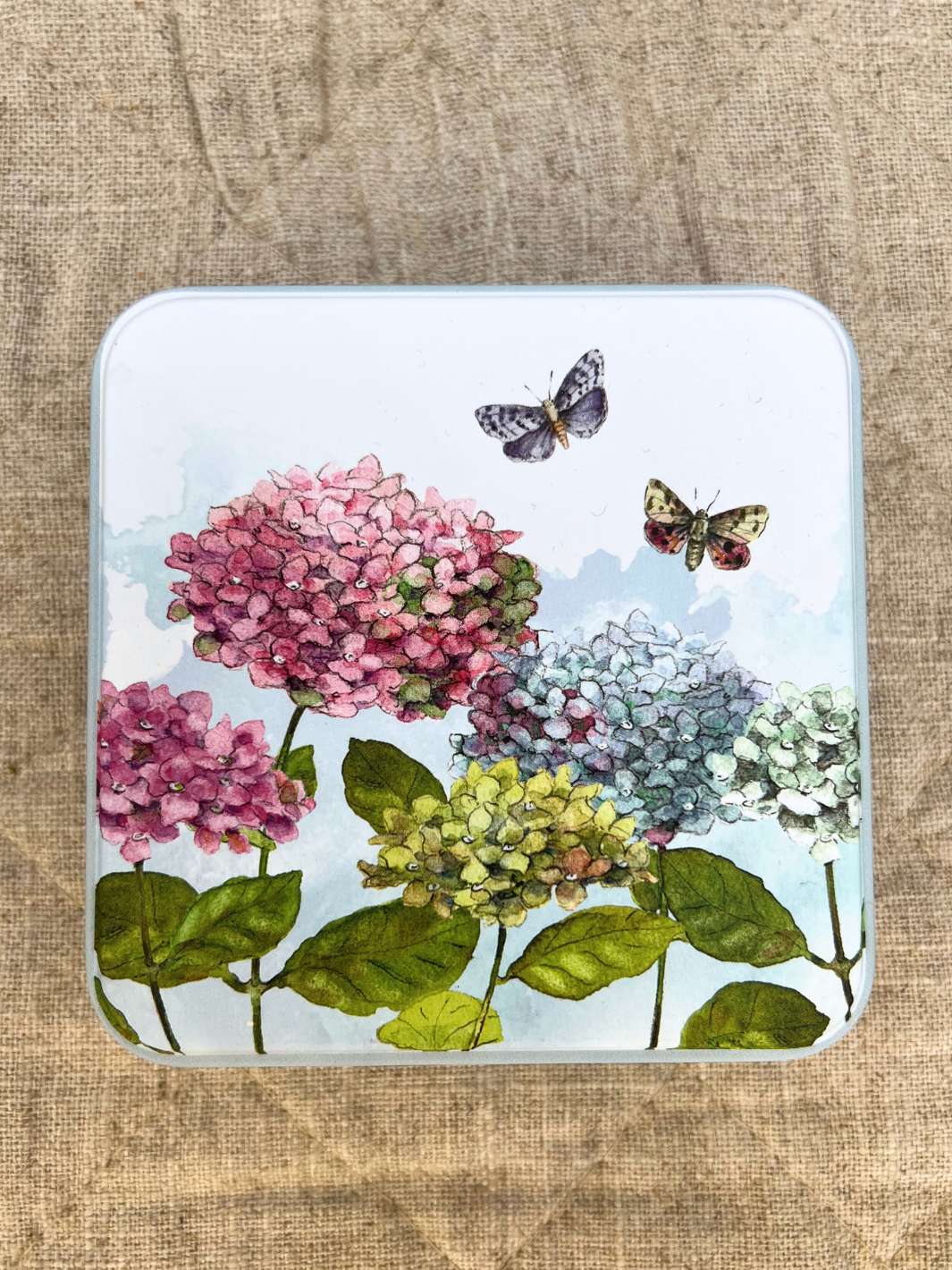 Grätz Verlag Geschenkdose mit Hortensien und Schmetterlinge Motiv