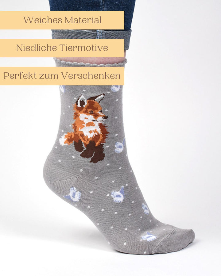 Weiche graue Bambussocken mit niedlichem Fuchs-Motiv auch perfekt als Geschenk.