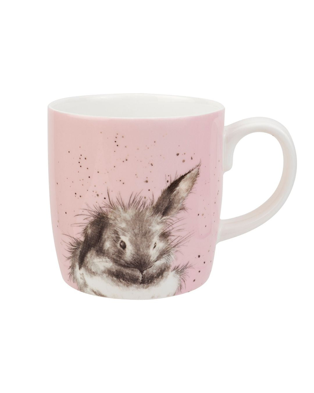 Große rosa Porzellantasse von Wrendale Designs mit einem süßen Kaninchen Motiv drauf.