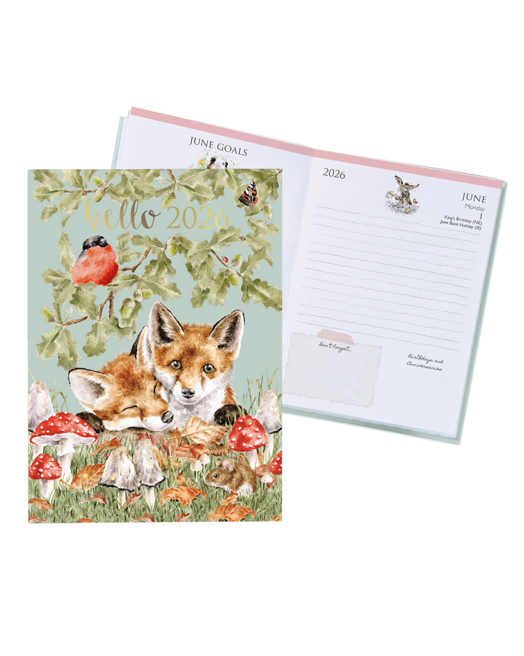 Der Große Taschenkalender 2026 von Wrendale Designs zeigt niedliche Füchse als Motiv in einer Waldillustration.