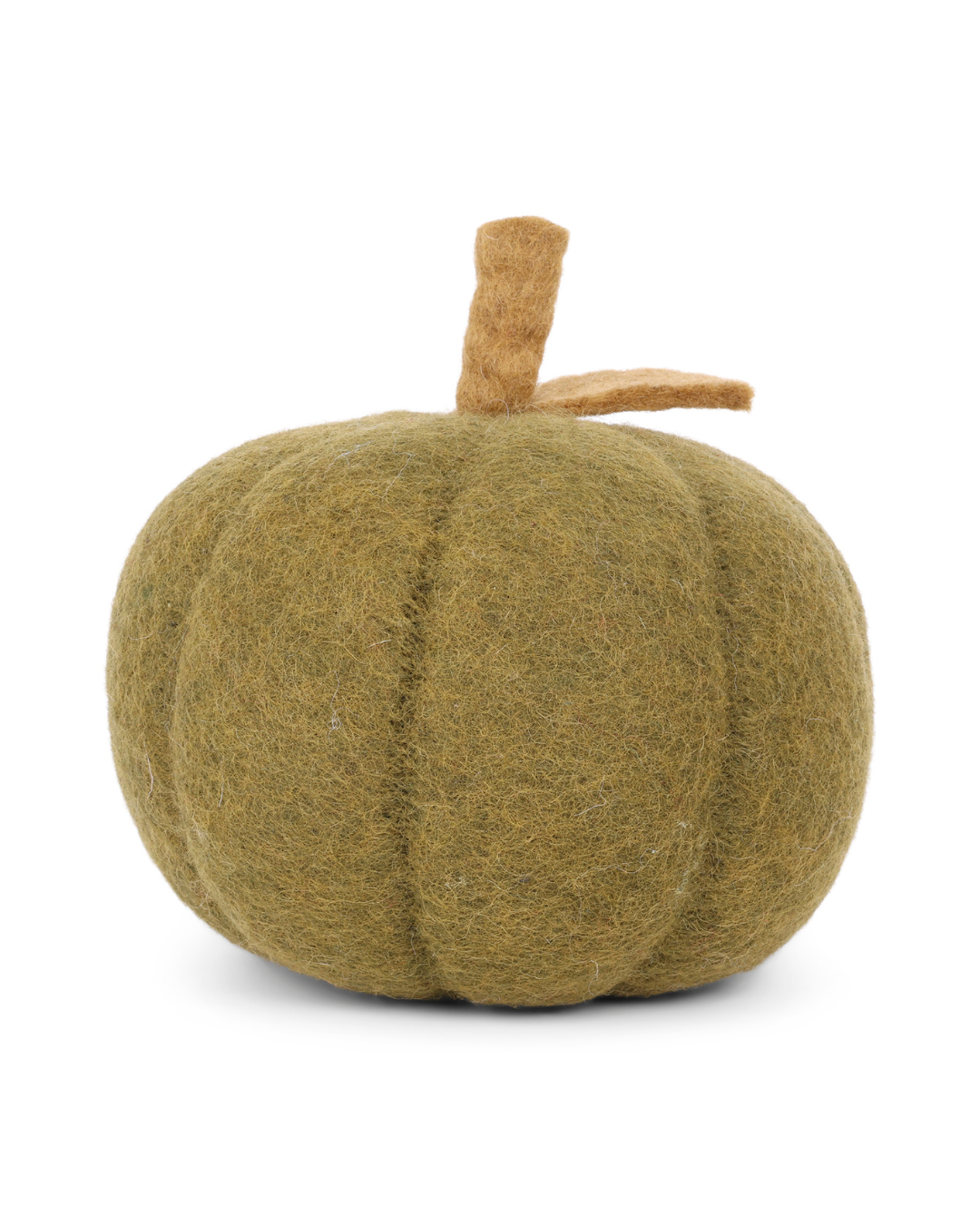 Großer grüner Deko-Kürbis aus Filz von Gry & Sif als natürliche Herbstdeko in Handarbeit vor weißem Hintegrund.