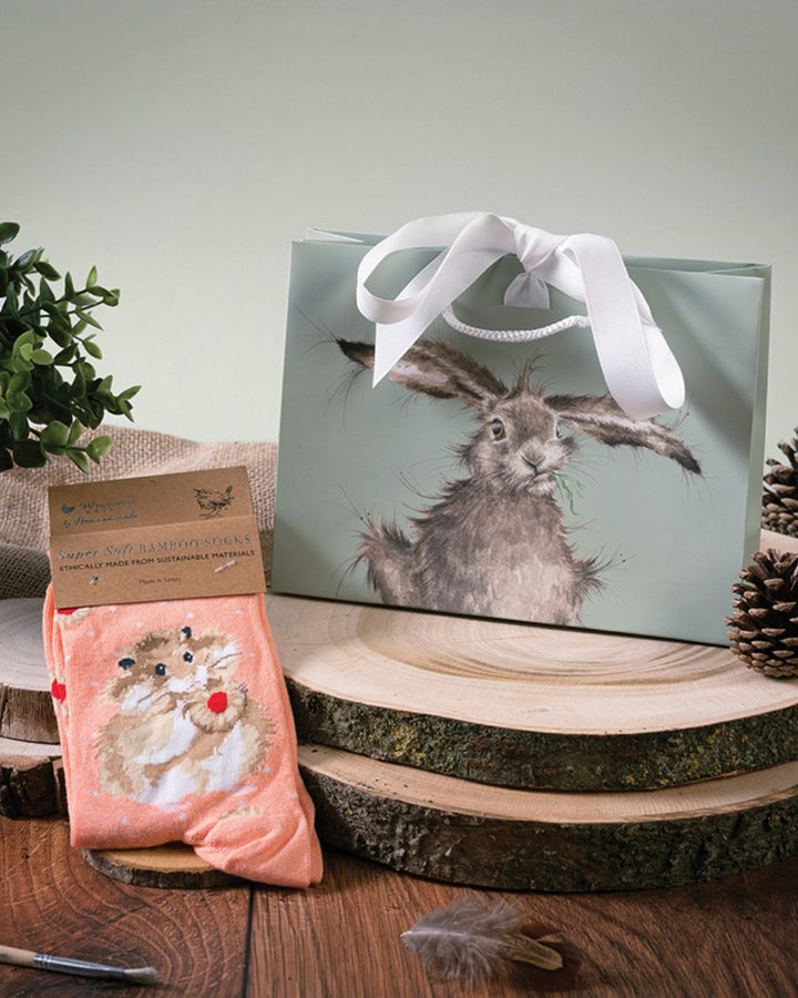 Hamster Socken mit Verpackung von Wrendale Designs.