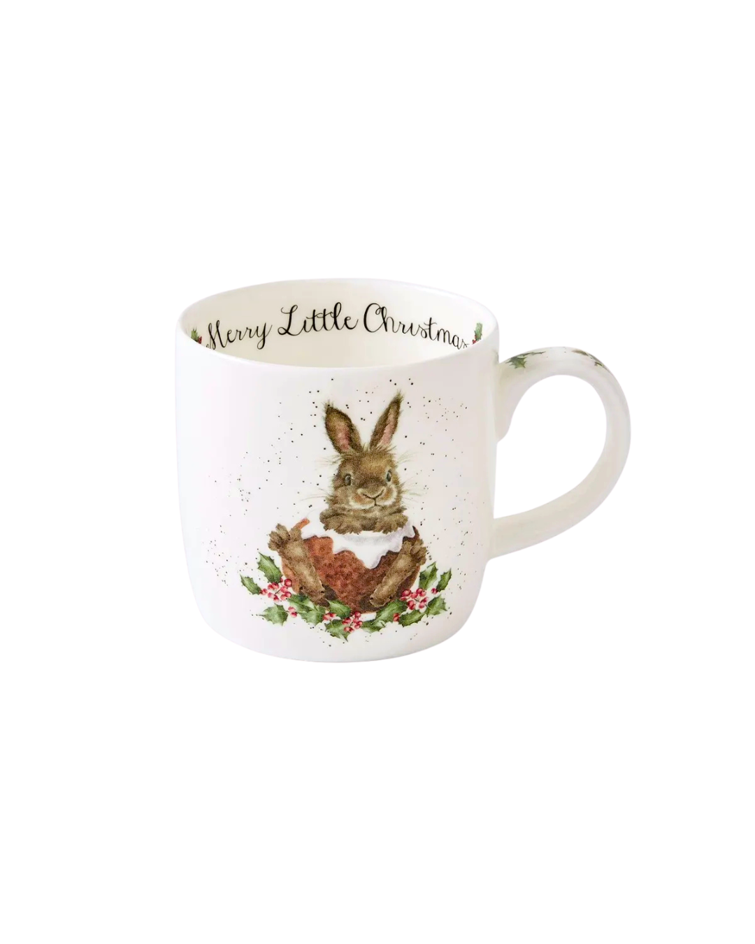 Hasen Tasse Merry Little Christmas von Wrendale Designs vor weißem Hintergrund.