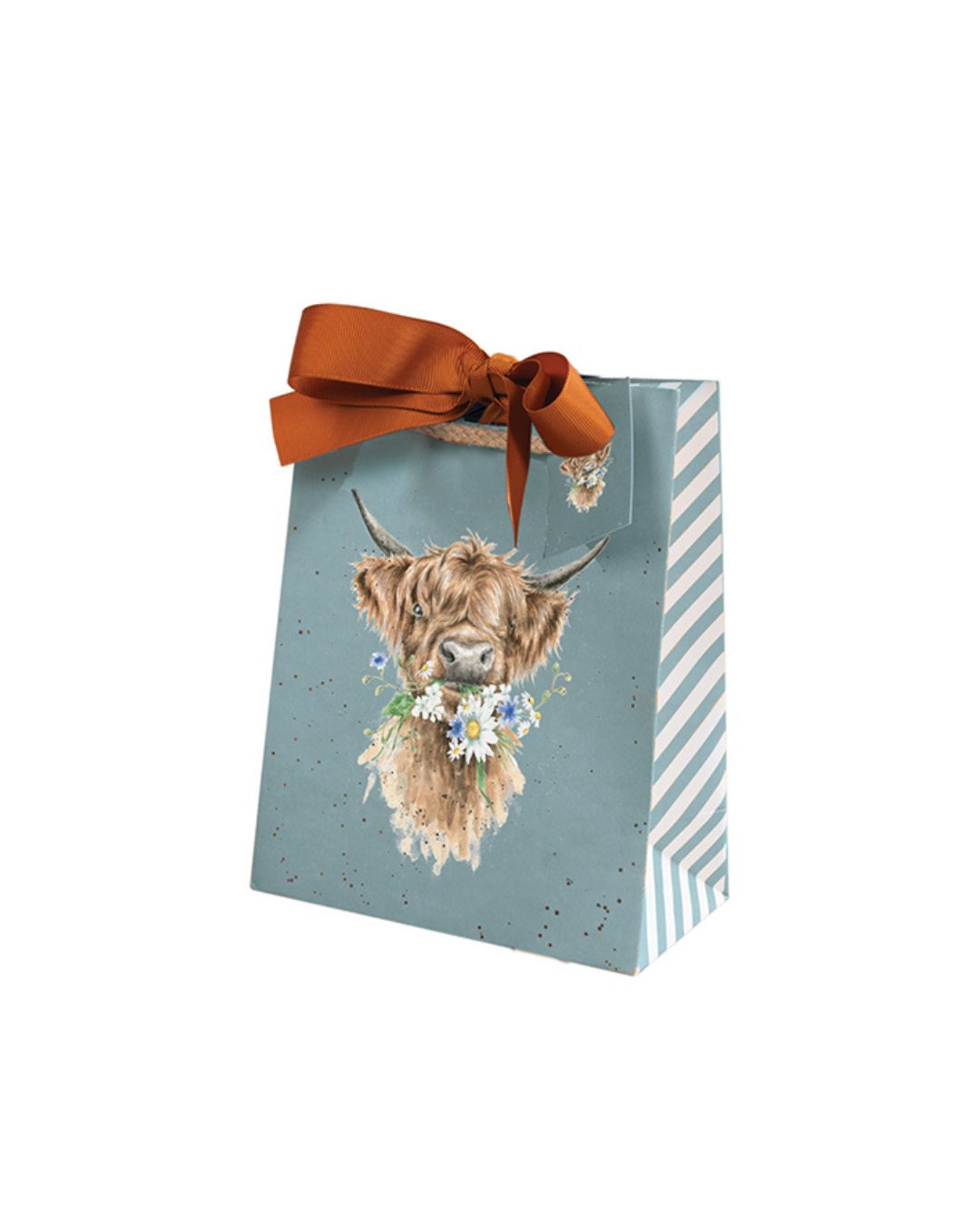 Geschenktasche in der Größe XS mit einer Highland Kuh mit Blumen im Maul als Motiv von Wrendale Designs.