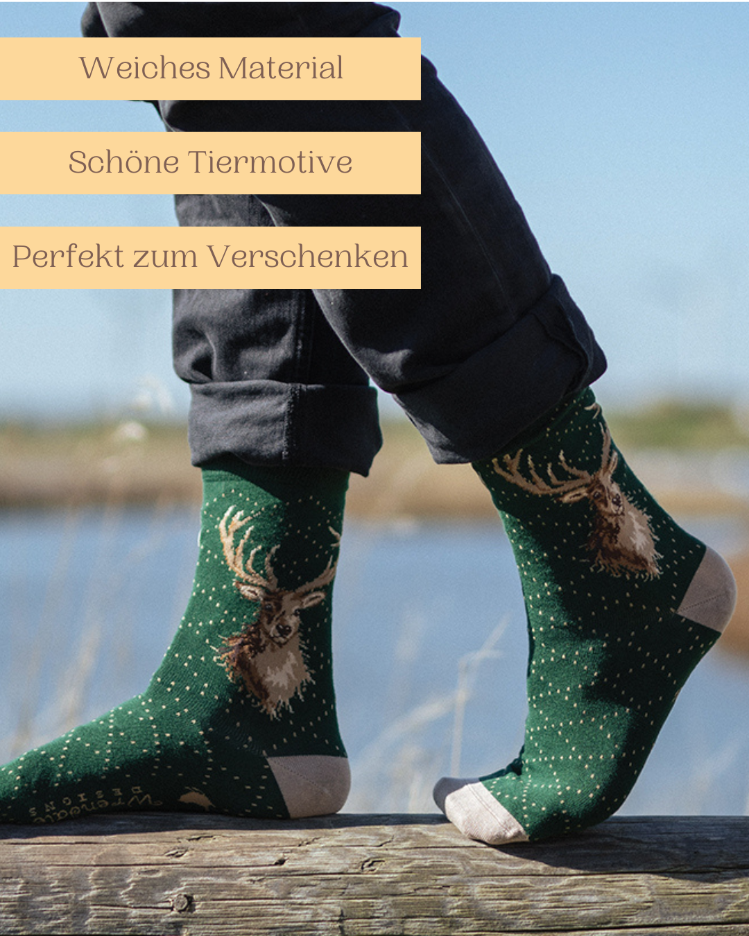 Weiche Männersocken mit schönem Hirsch-Motiv von Wrendale Designs auch perfekt zum Verschenken.
