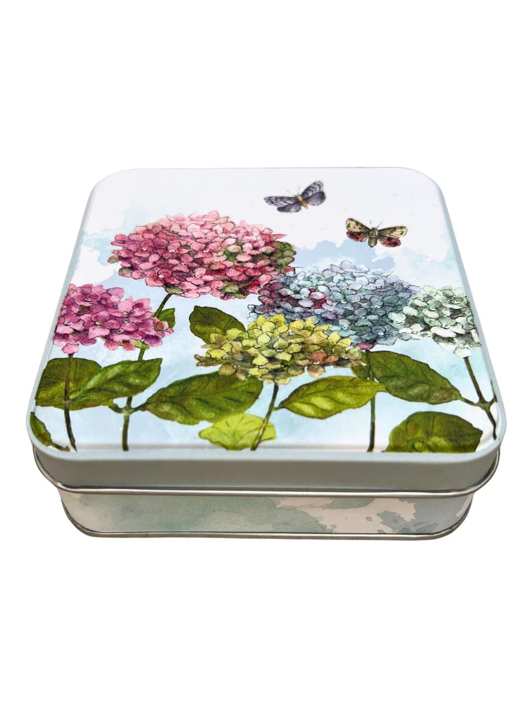 Hortensien und Schmetterlinge Motiv auf Metalldose vom Grätz Verlag