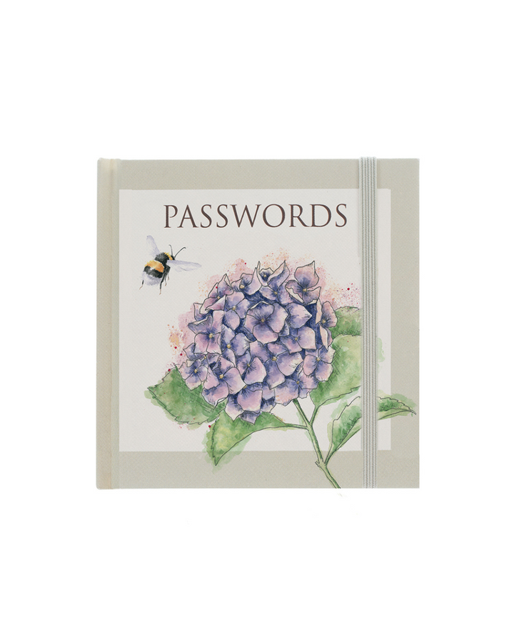 Passwortbuch mit Hummel und Hortensien-Motiv von Wrendale Designs, illustriert von Hannah Dale vor weißem Hintergrund.