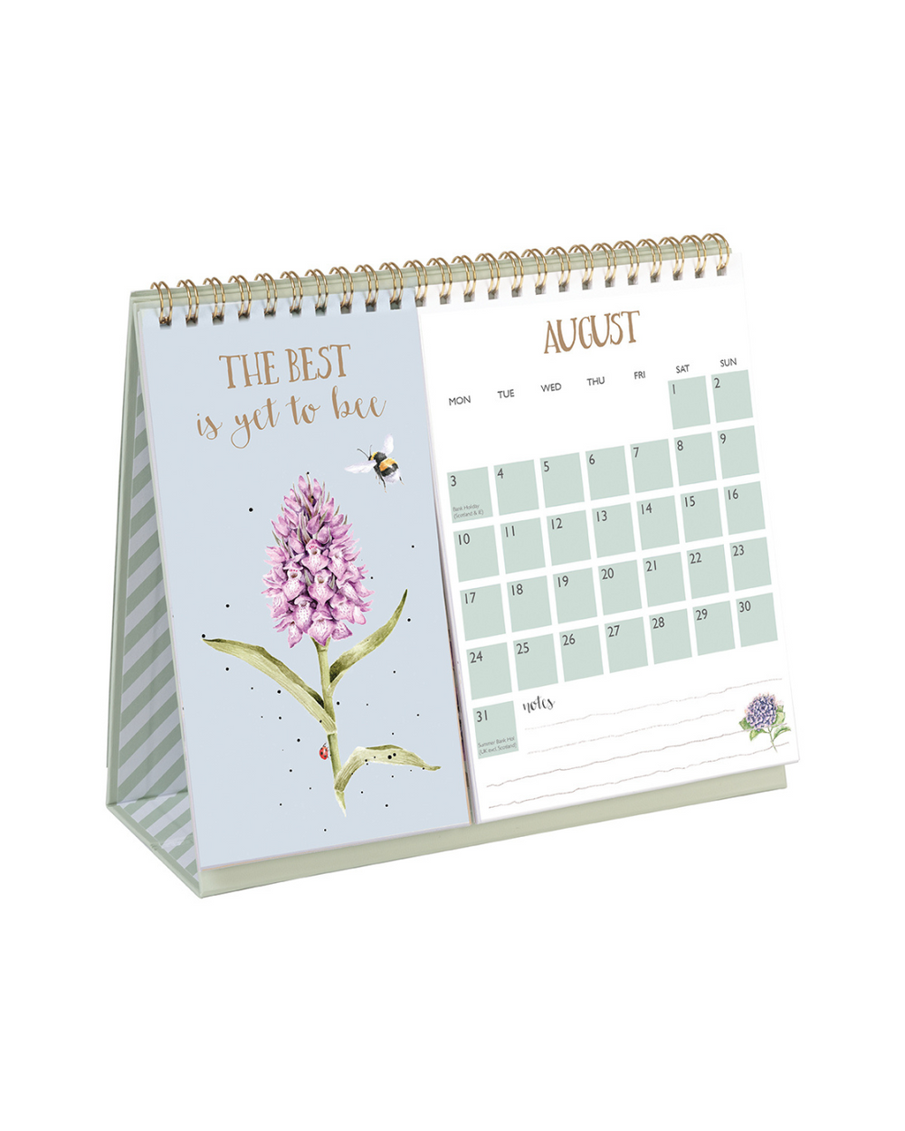 Hummel-Motiv auf hellblauem Hintergrund des Tischkalenders 2026 von Wrendale Designs.