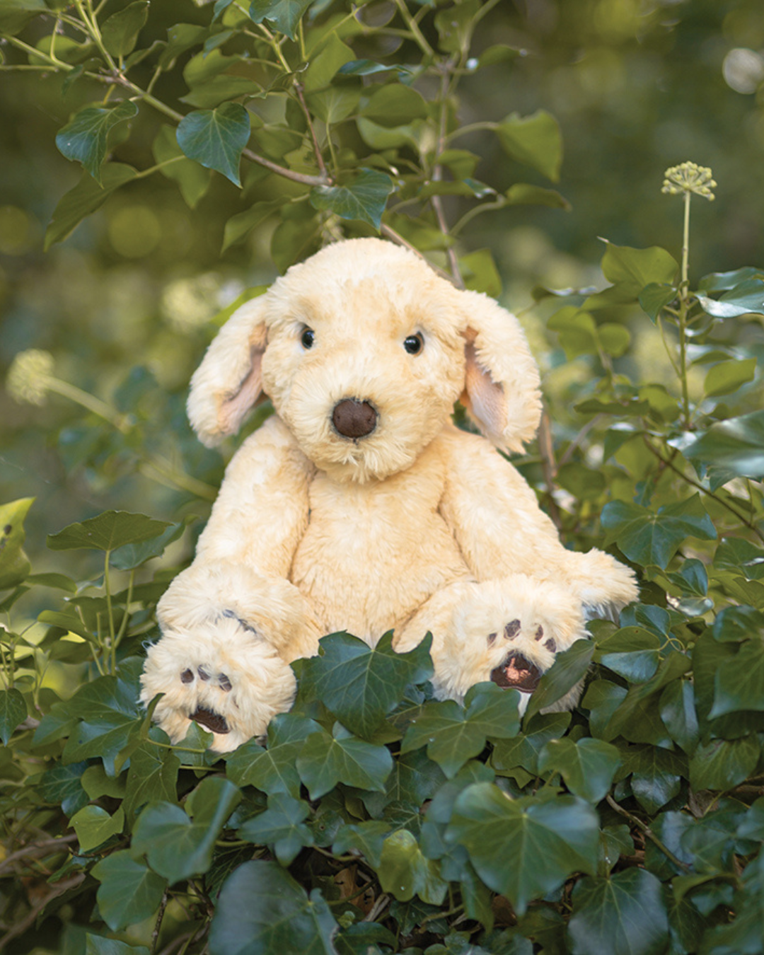 Das Hunde Kuscheltier Ralph von Wrendale Designs sitzt im Wald zwischen Pflanzen.