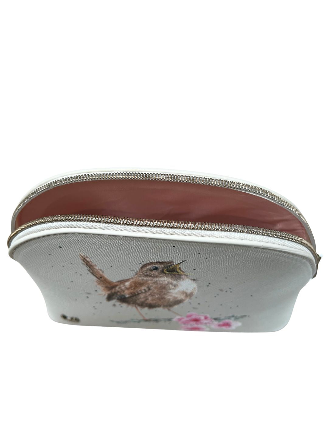 Innenansicht der mittleren Zaunkönig Kosmetiktasche von Wrendale Designs mit rötlich pinkem abwischbarem Innenfutter.