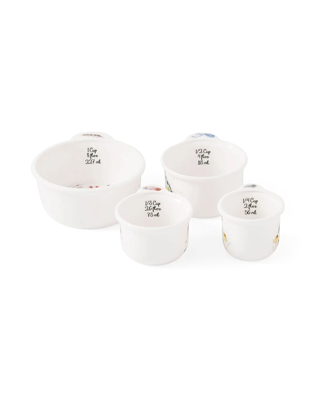 Innenansicht der Wrendale Designs Porzellan Messbecher mit Vogelmotiven vor weißem Hintergrund. Die Maßangaben sind gut sichtbar eingedruckt.