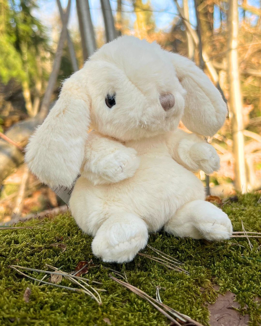 Kaninchen Kuscheltier Kanini in weiß von Bukowski sitzt auf einem Baumstamm.