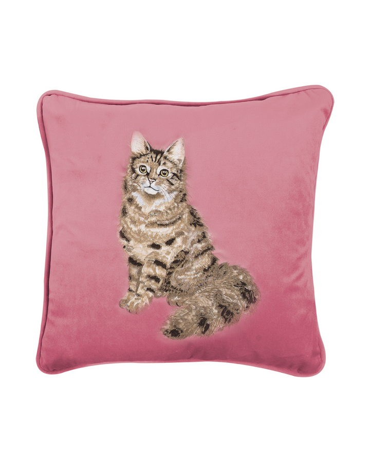 Rosa Kissen aus Samt mit aufgesticktem Katzen-Motiv Feline Fabulous von Wrendale Designs auf weißem Hintergrund.