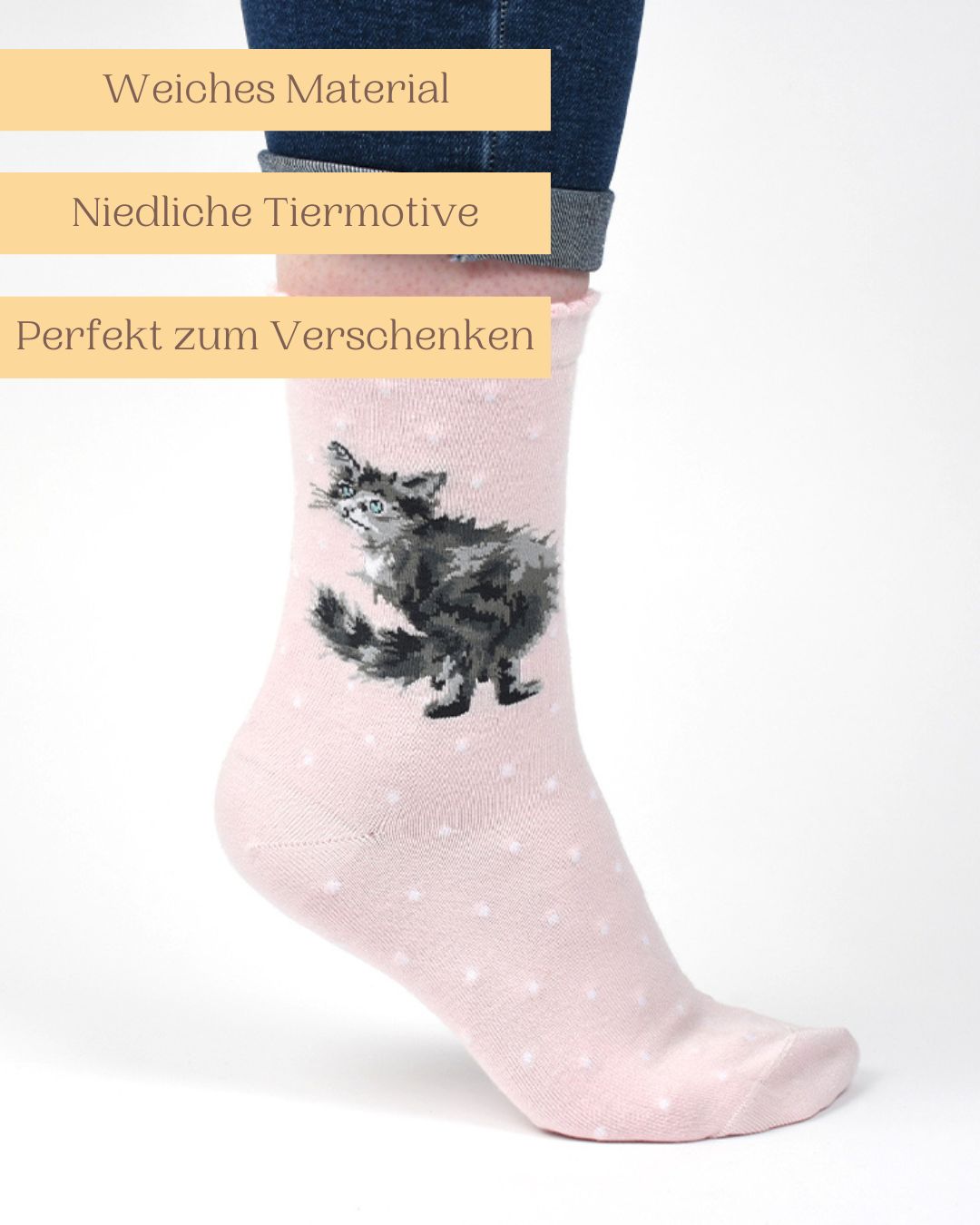 Weiche Socken mit niedliche Katzenmotiv von Wrendale Designs auch perfekt zum Verschenken.