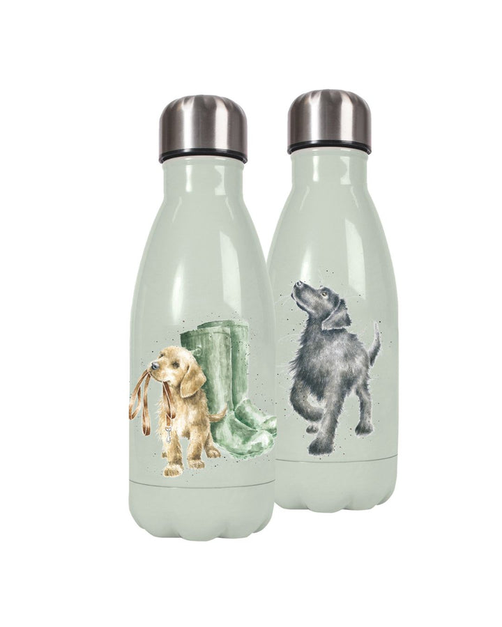 Kleine hellgrüne Thermosflasche mit zwei verschiedenen Hunde-Motiven von Wrendale Designs.