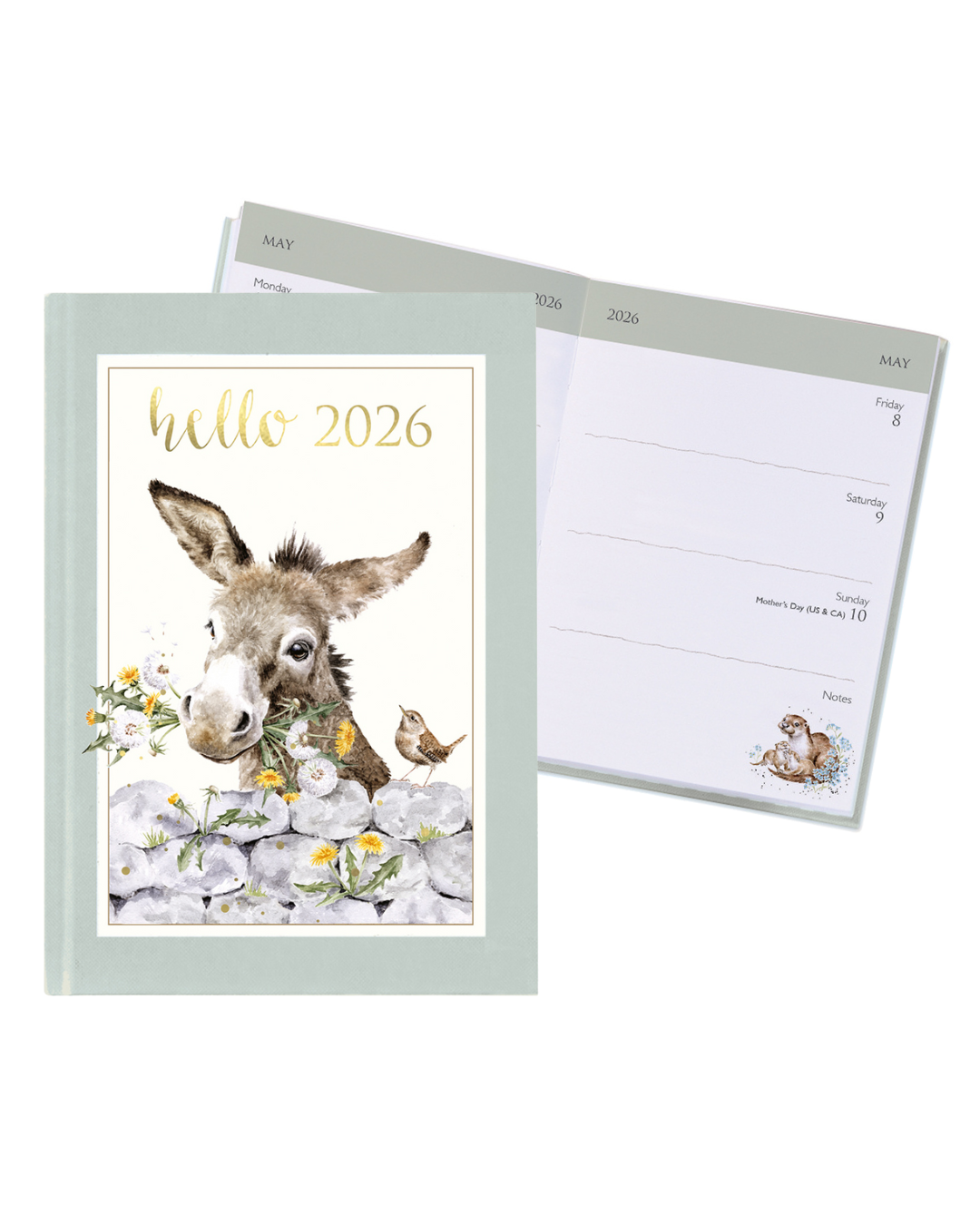 Kleiner Taschenkalender 2026 von Wrendale Designs mit mintgrünem und weißem Cover und niedlichem Esel-Motiv von Hannah Dale.