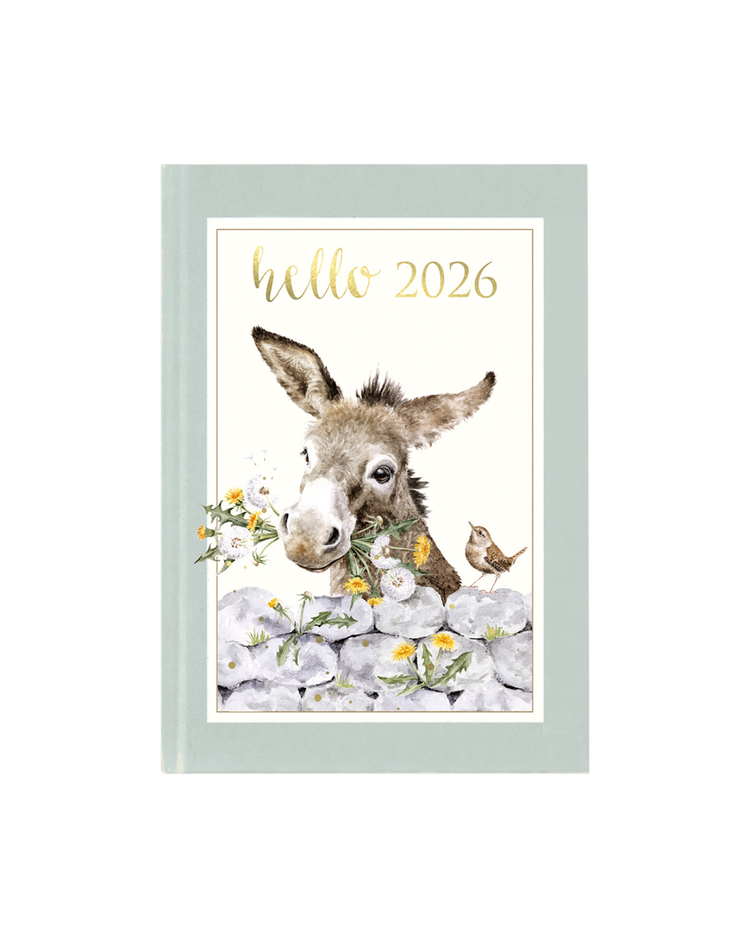 Das mintgrüne Cover des Taschenkalenders für 2026 von Wrendale Designs zeigt einen Esel, der Löwenzahn frisst und einen Zaunkönig.