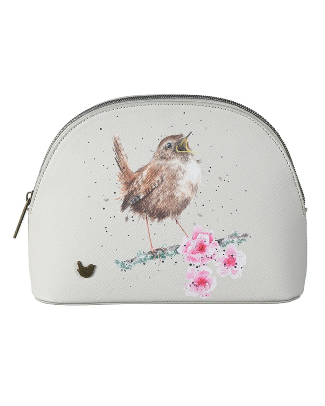 Mittelgroße hellgraue Kosmetiktasche M mit Zaunkönig auf einem Ast Motiv von Wrendale Designs.