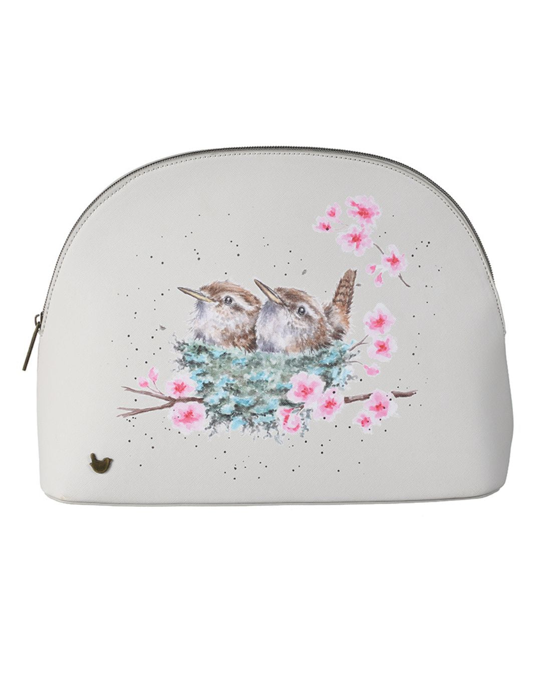 Große hellgraue Kosmetiktasche L mit Zaunkönigen im Nest als Motiv von Wrendale Designs.
