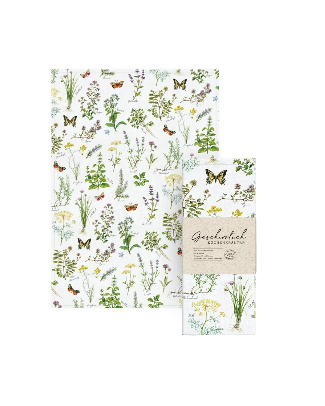 Geschirrtuch Kräuter vom Grätz Verlag neben der passenden Verpackung mit Sicht auf das gesamte Motiv, das verschiedene Kräuterarten und Schmetterlinge zeigt.