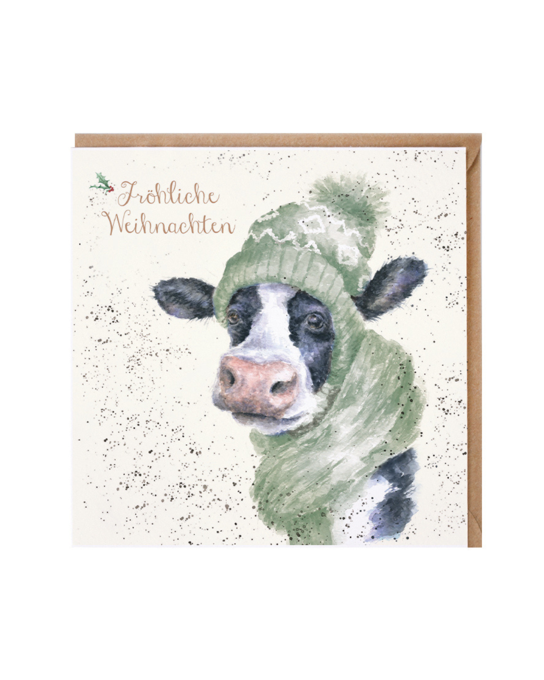 Weihnachtskarte Moo-rry Christmas mit Kuhmotiv von Wrendale Designs vor weißem Hintergrund.