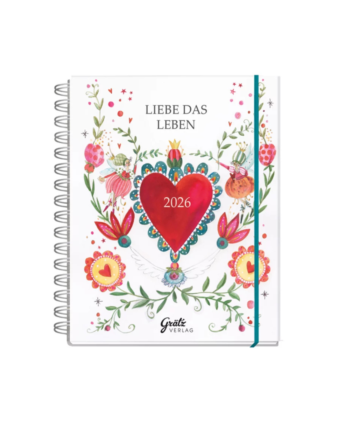 Taschenkalender 2026 „Liebe das Leben“ vom Grätz Verlag mit Spiralbindung und Illustration von Silke Leffler. Auf dem Deckblatt sieht man ein großes Herz umschwirrt von Elfen.