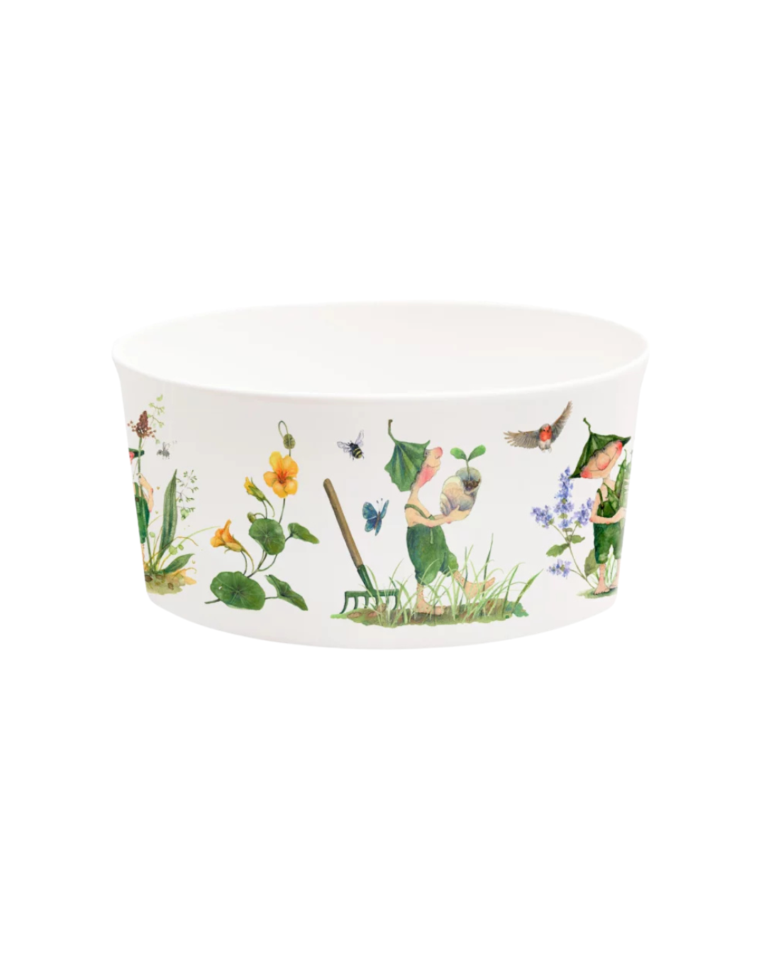 Müslischale Giesbert vom Grätz Verlag mit Illustrationen von Daniela Drescher – Gartenzwerg mit Pflanzen, Schnecke und Vögeln vor weißem Hintergrund.