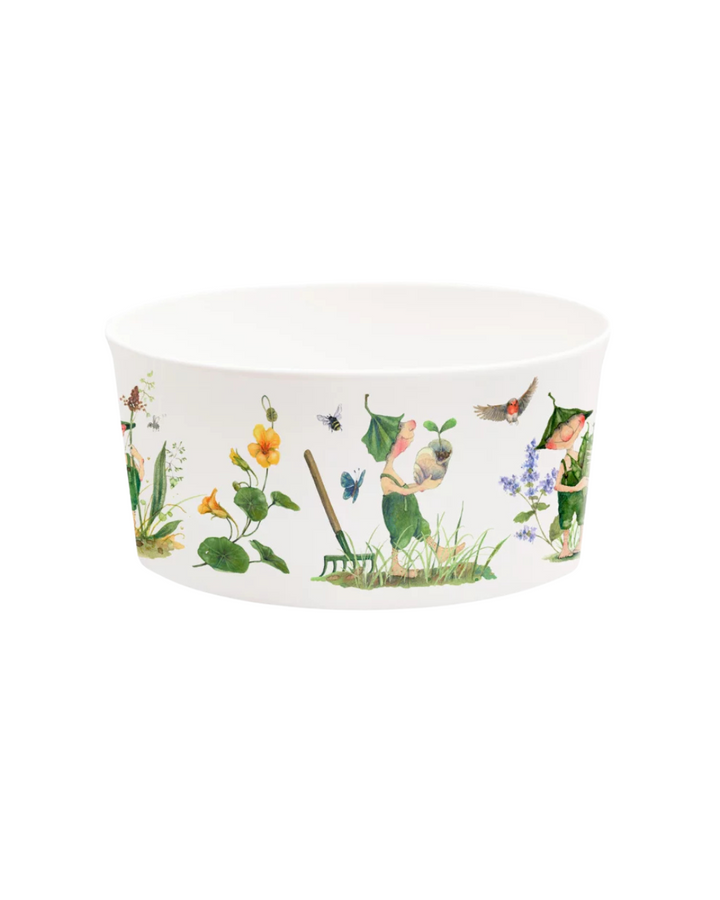 Müslischale Giesbert vom Grätz Verlag mit Illustrationen von Daniela Drescher – Gartenzwerg mit Pflanzen, Schnecke und Vögeln vor weißem Hintergrund.