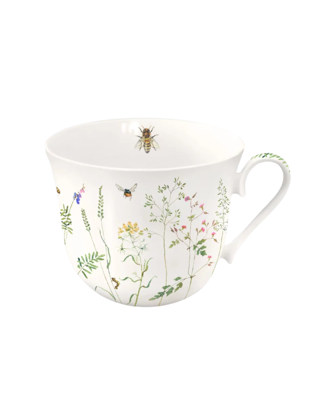Hier ist deine neue Lieblingstasse mit Bienen und Blumen Motiv vom Grätz Verlag illustriert von Daniela Drescher vor einem weißen Hintergrund.
