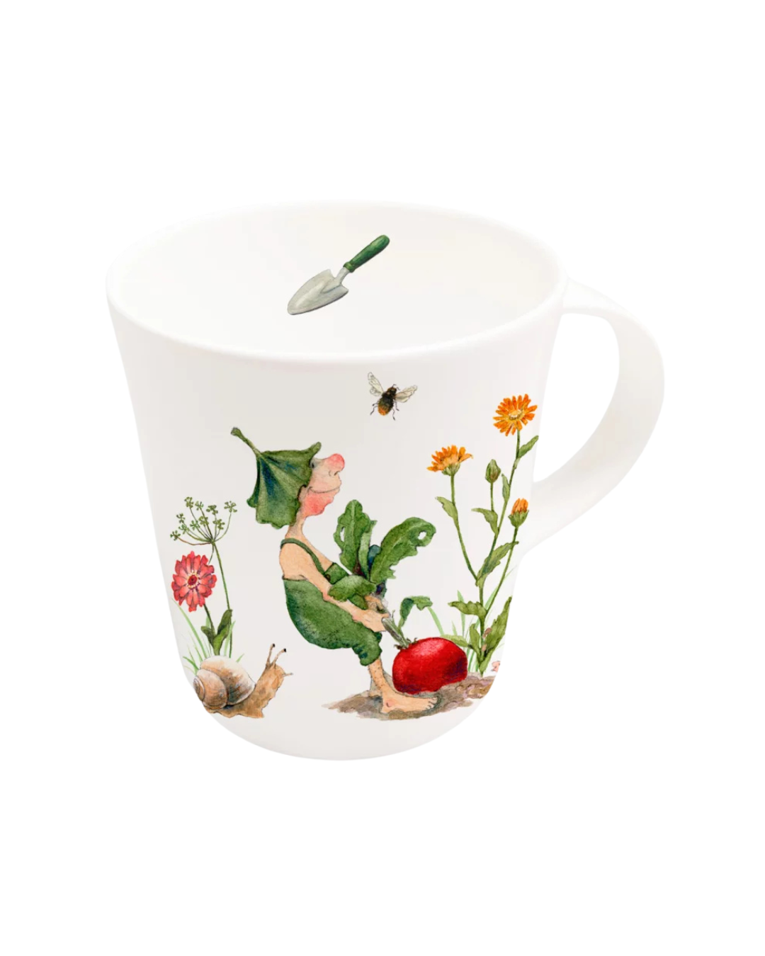 Lieblingstasse Giesbert vom Grätz Verlag mit dem Regentonnenwichtel im Garten als Motiv vor weißem Hintergrund.