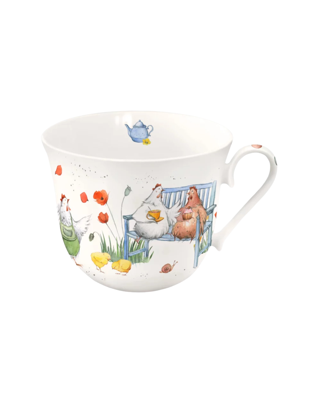 Lieblingstasse Hühnerbande vom Grätz Verlag mit lustigen Hühnern im Garten als Motiv vor weißem Hintergrund.