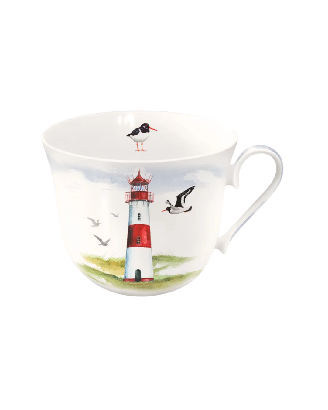 Lieblingstasse Leuchtturm vom Grätz Verlag mit Möwen und dem Strand als Motiv vor weißem Hintergrund.