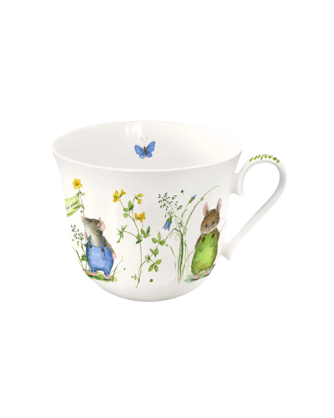 Lieblingstasse Mäuseparty vom Grätz Verlag mit Blumen und Mäusen als Motiv vor weißem Hintergrund.