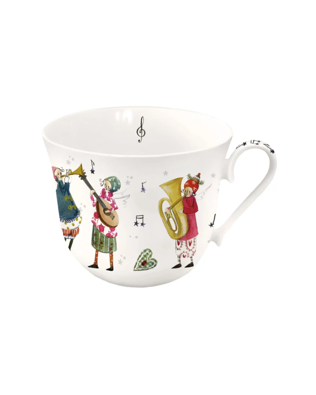 Vorderseite der Lieblingstasse „Musikanten“ vom Grätz Verlag vor weißem Hintergrund mit Illustrationen musizierender Engel – eine spielt Geige, ein anderer die Tuba, daneben weitere weihnachtliche Figuren.