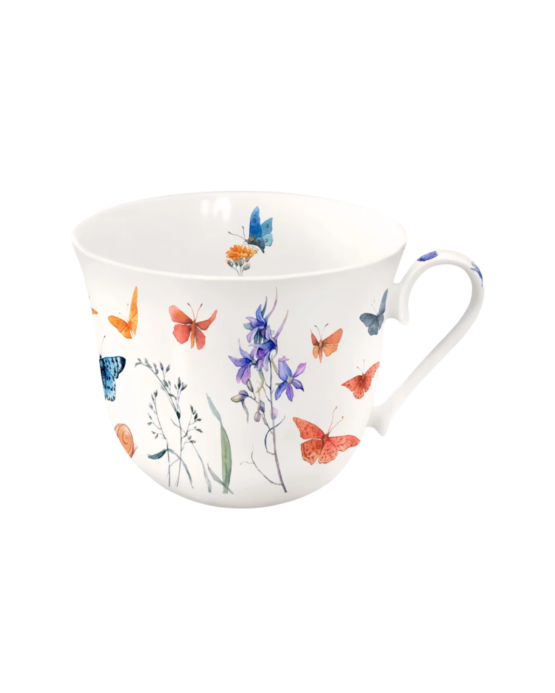 Lieblingstasse Schmetterlingswiese vom Grätz Verlag mit bunten Blumen unnd Schmetterlingen als Motiv vor weißem Hintergrund.