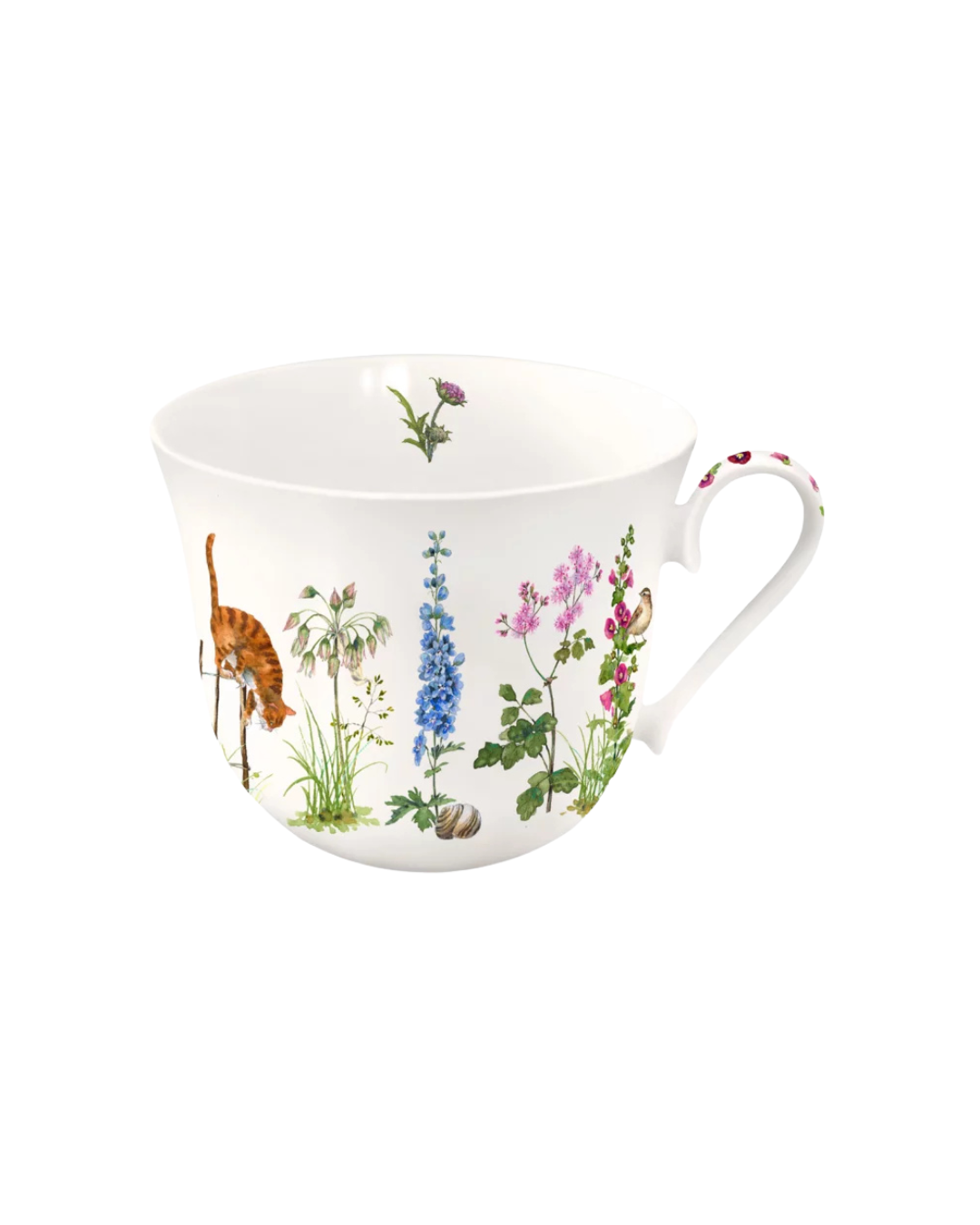 Lieblingstasse Stockrose vom Grätz Verlag mit bunten Blumen, einer Katze und Gartentieren als Motiv vor weißem Hintergrund.
