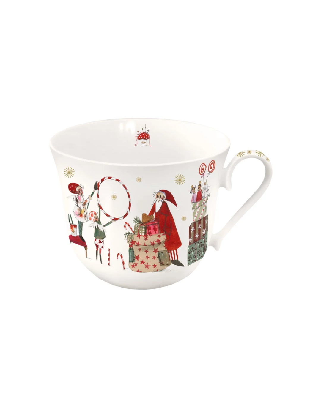 Vorderseite der Lieblingstasse „Weihnachtswerkstatt“ vom Grätz Verlag mit liebevoll gestalteten Wichteln beim Geschenkeverpacken.