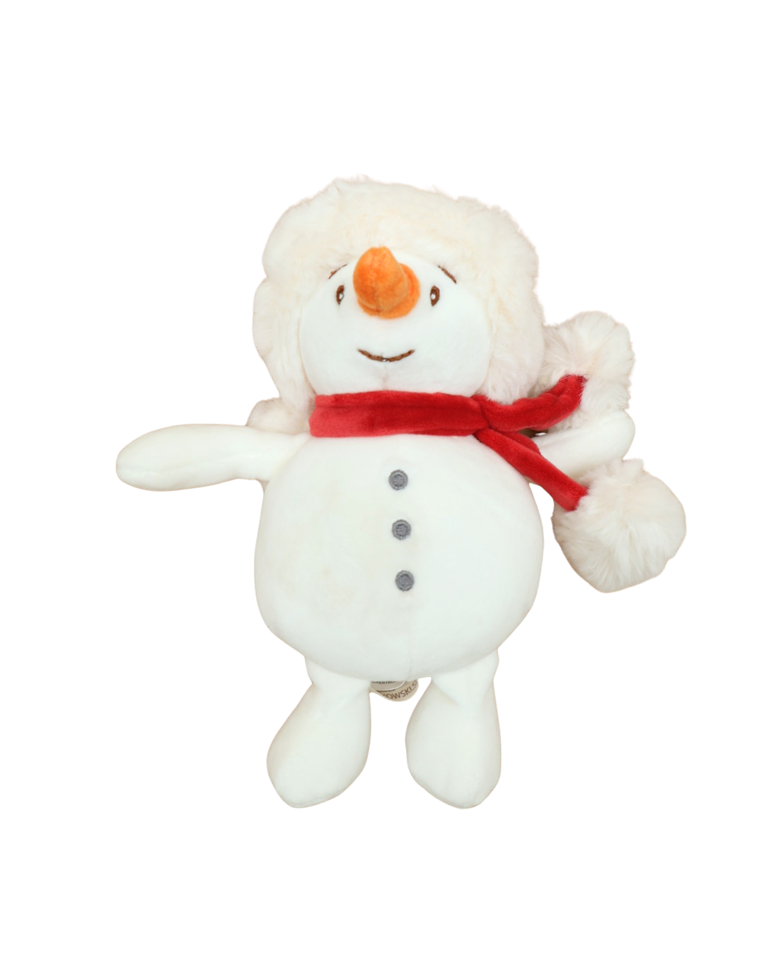 Schneemann Kuscheltier Baby Snowman von Bukowski mit rotem Schal und Fellmütze vor weißem Hintergrund.