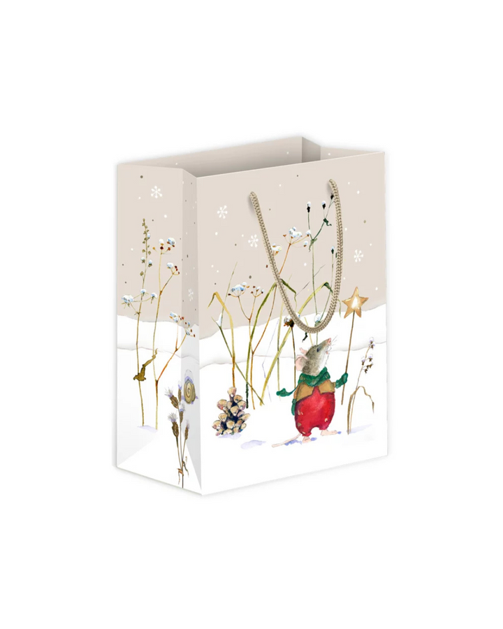 Kleine Geschenktasche „Lustige Winterfreunde“ vom Grätz Verlag mit Maus im Schnee und Maus mit Eichel