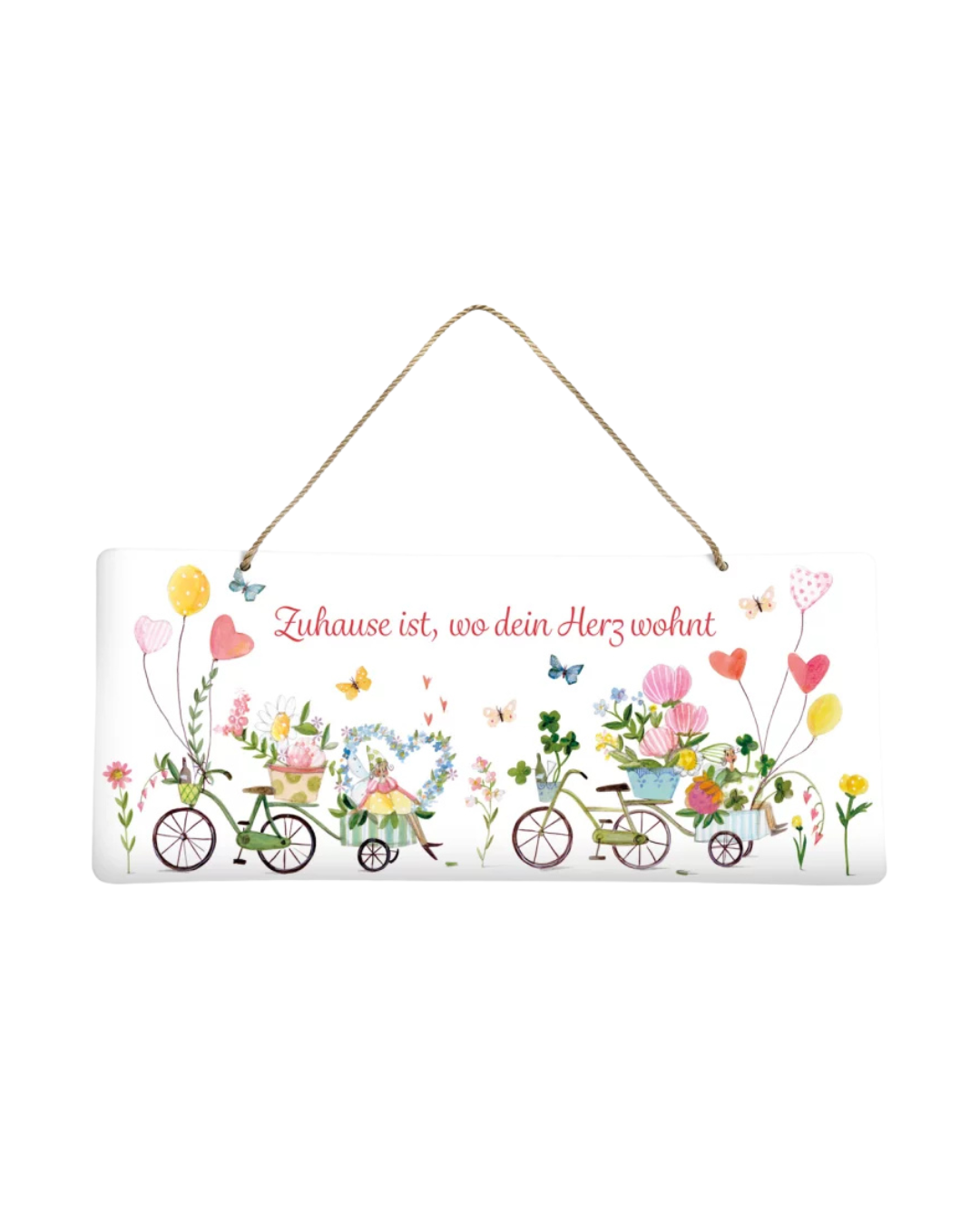 Metallschild Auf ins Glück vom Grätz Verlag mit bunt illustrierten Fahrrädern und Blumen auf weißem Hintergrund, Aufhängung mit Juteband.