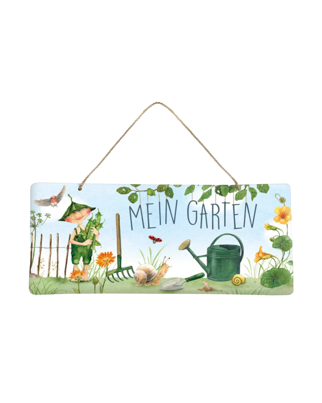 Metallschild Mein Garten vom Grätz Verlag mit Giesbert-Motiv von Daniela Drescher, dekoriert mit Gartengeräten, Blumen und Schnecken vor weißem Hintergrund.