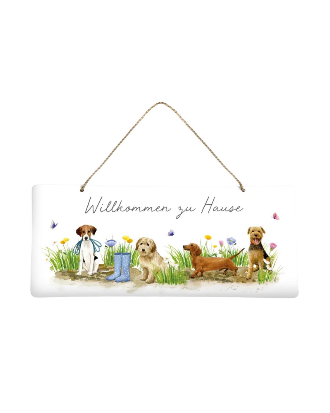 Metallschild ‚Hundespaß‘ vom Grätz Verlag mit vier illustrierten Hunden, bunten Blumen und Schmetterlingen auf weißem Hintergrund, Aufhängung mit Juteband.